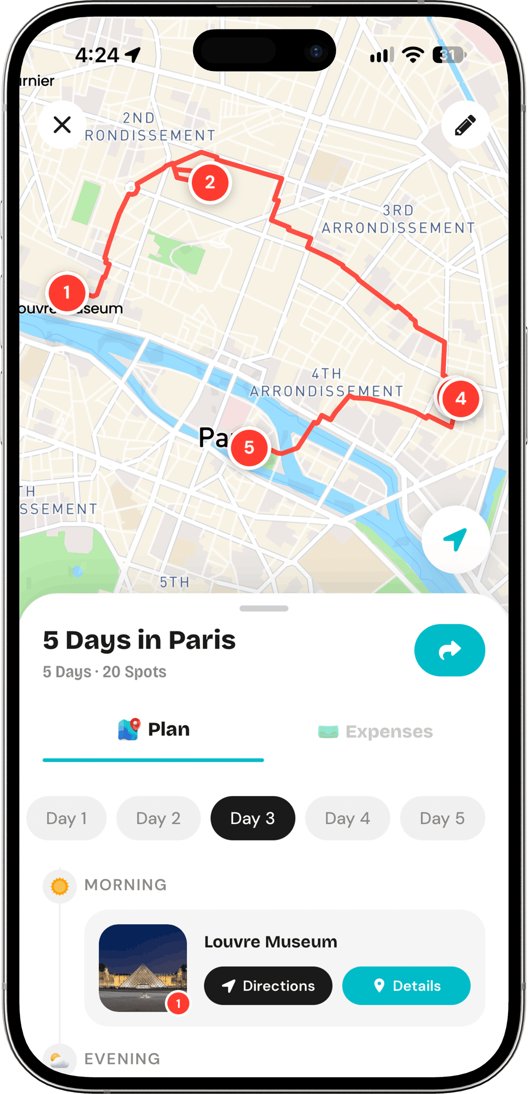 Plany route plan for 5 days in Paris